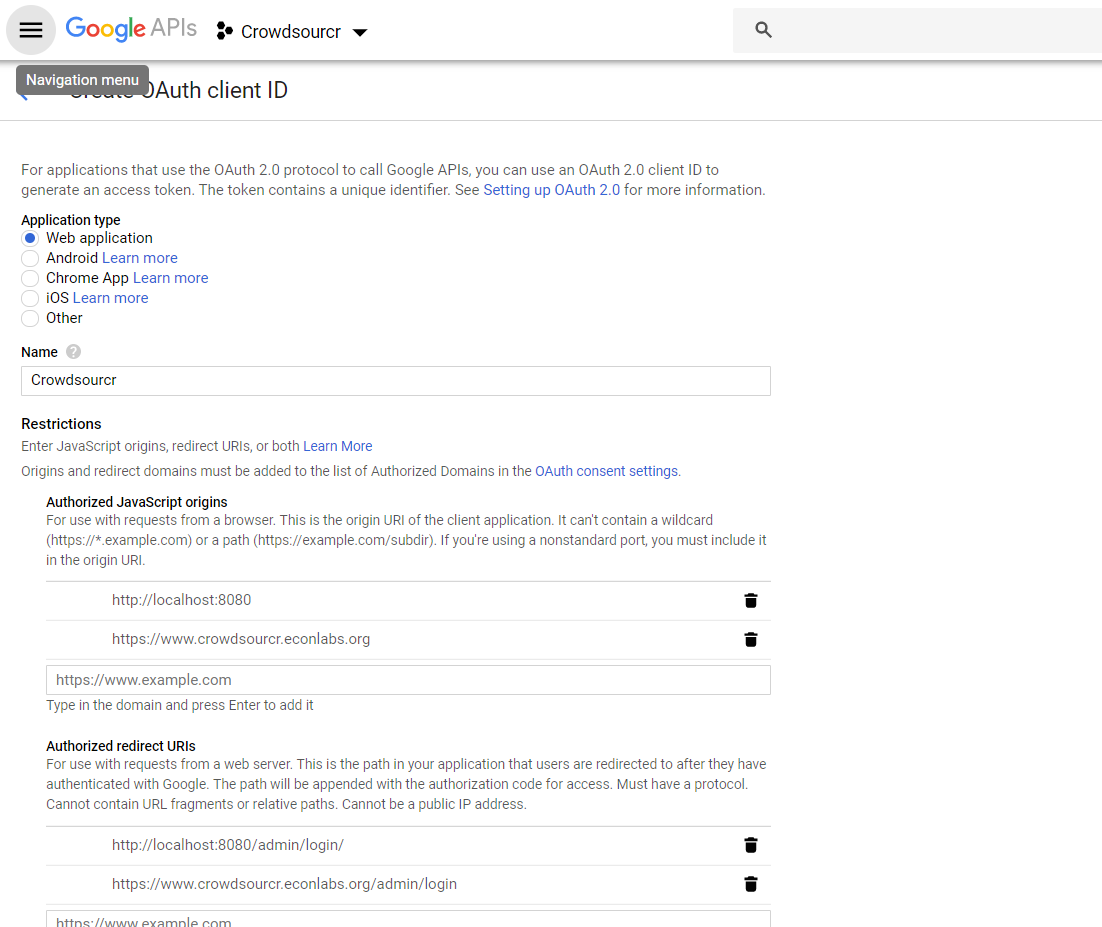 Example configuration for an OAuth client id for Crowdsourcr.